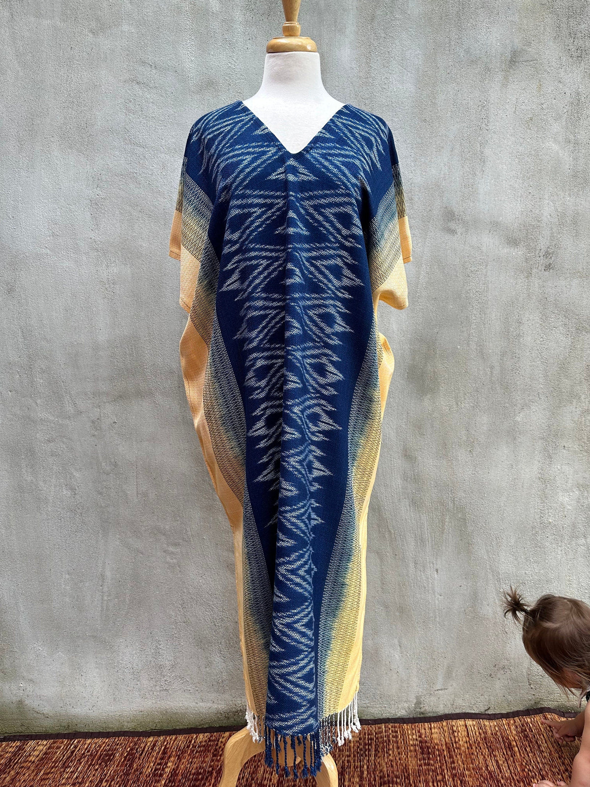 MALA handworks  Ikat Hand Woven Pattern Kaftan in Indigo Blue with Light Yellow and White