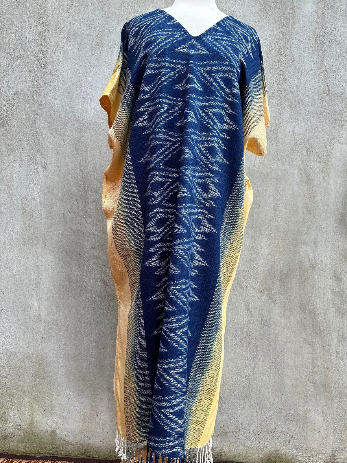 MALA handworks  Ikat Hand Woven Pattern Kaftan in Indigo Blue with Light Yellow and White