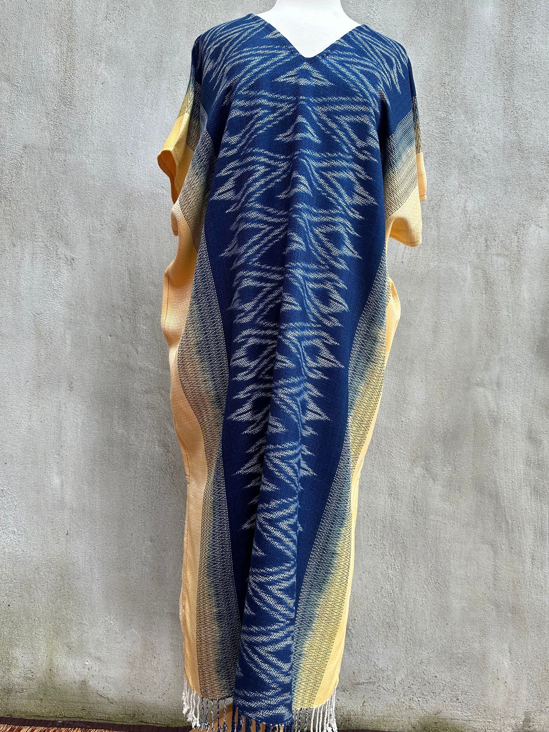 MALA handworks  Ikat Hand Woven Pattern Kaftan in Indigo Blue with Light Yellow and White