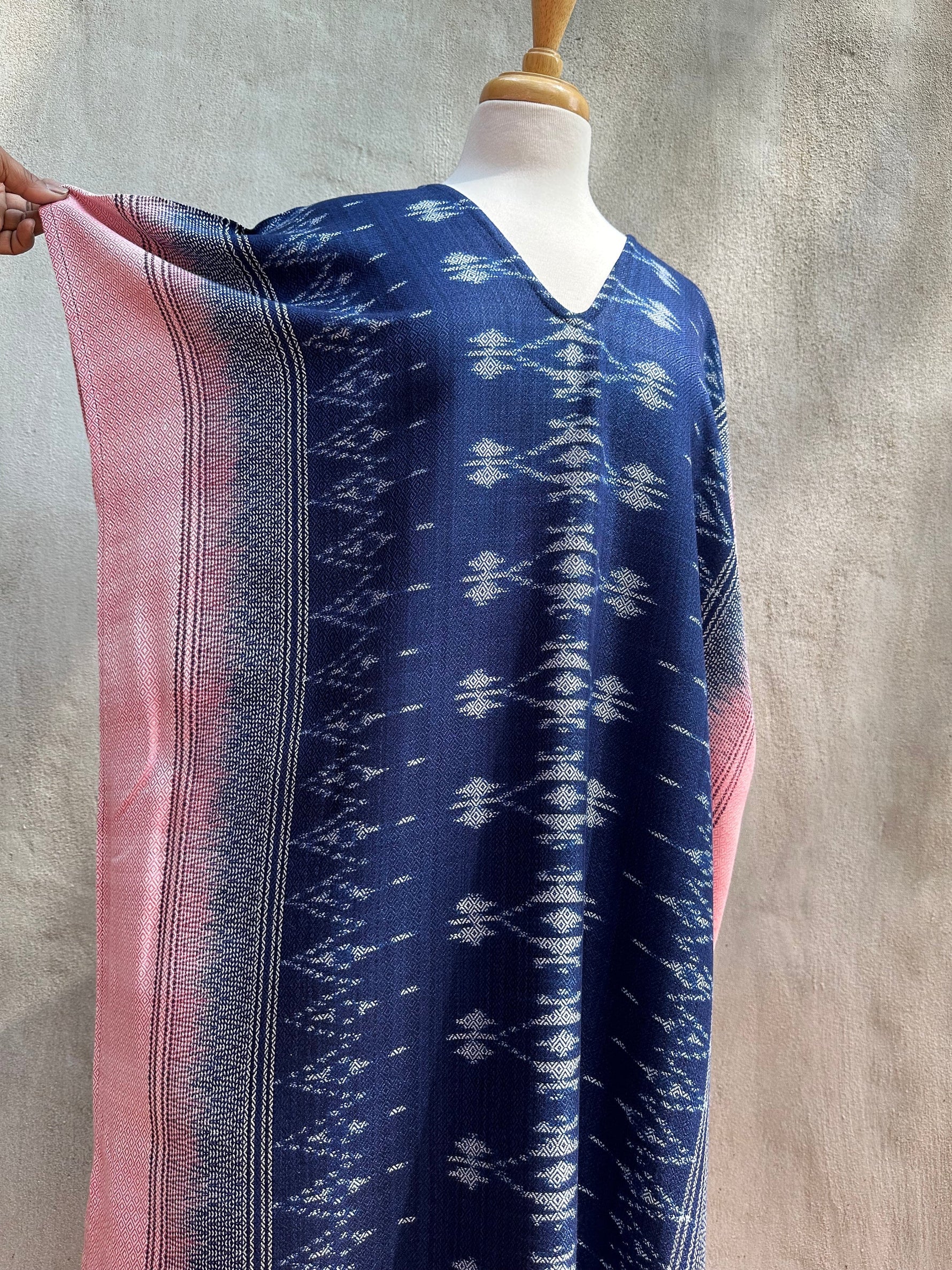 MALA handworks  Ikat Hand Woven Pattern Kaftan in Indigo Blue with Pink and White