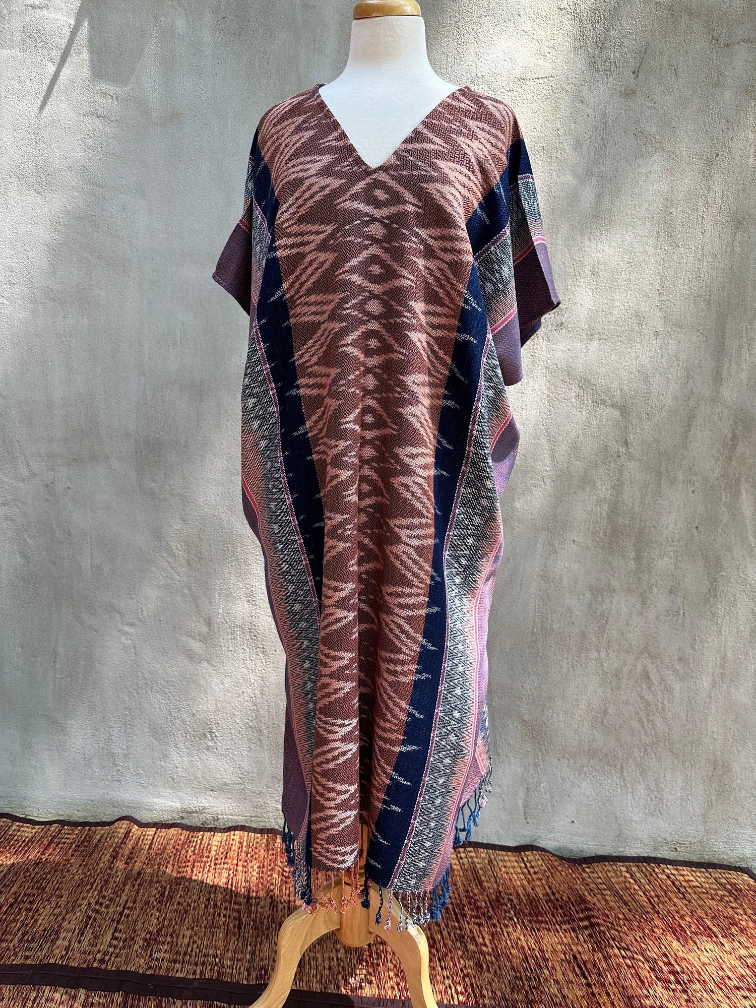 MALA handworks  Ikat Hand Woven Pattern Kaftan in Indigo Blue with Pink and White