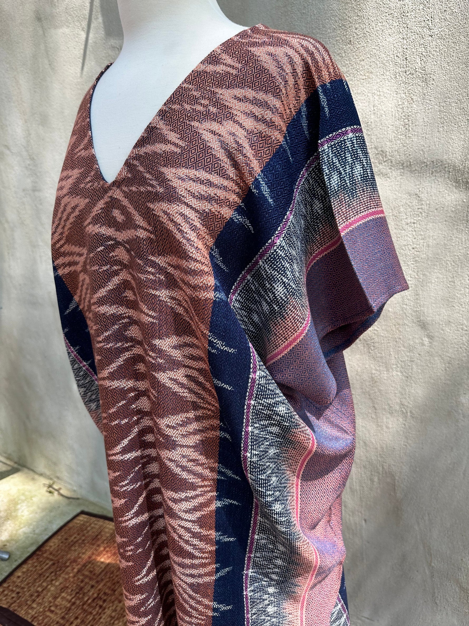 MALA handworks  Ikat Hand Woven Pattern Kaftan in Indigo Blue with Pink and White