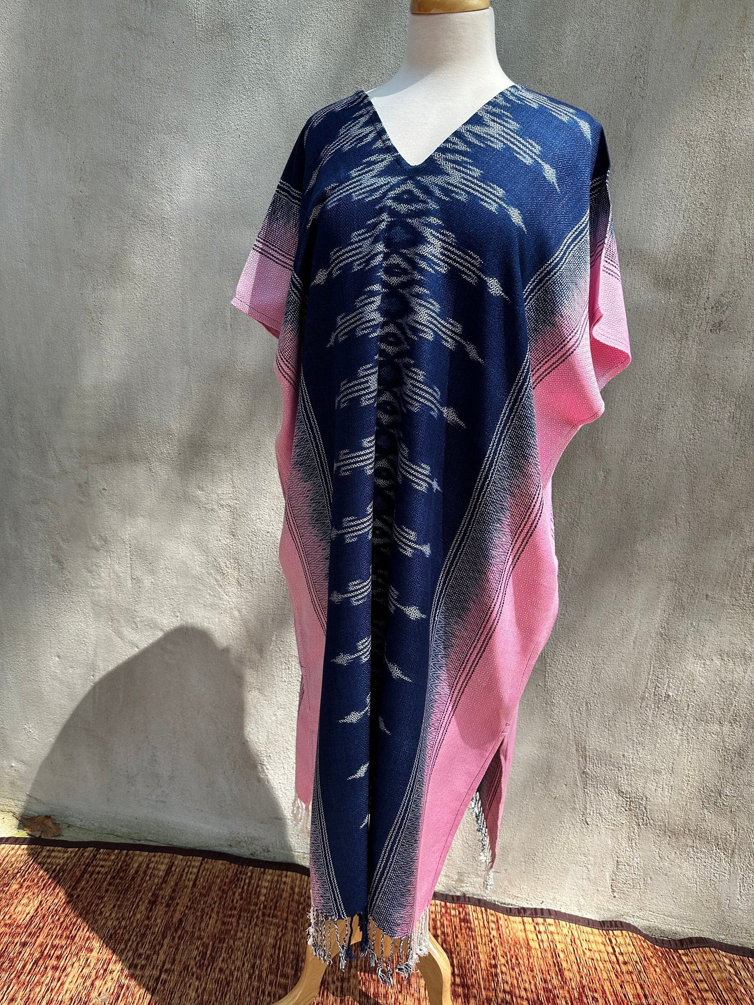MALA handworks  Ikat Hand Woven Pattern Kaftan in Indigo Blue with Pink and White