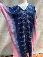 MALA handworks  Ikat Hand Woven Pattern Kaftan in Indigo Blue with Pink and White