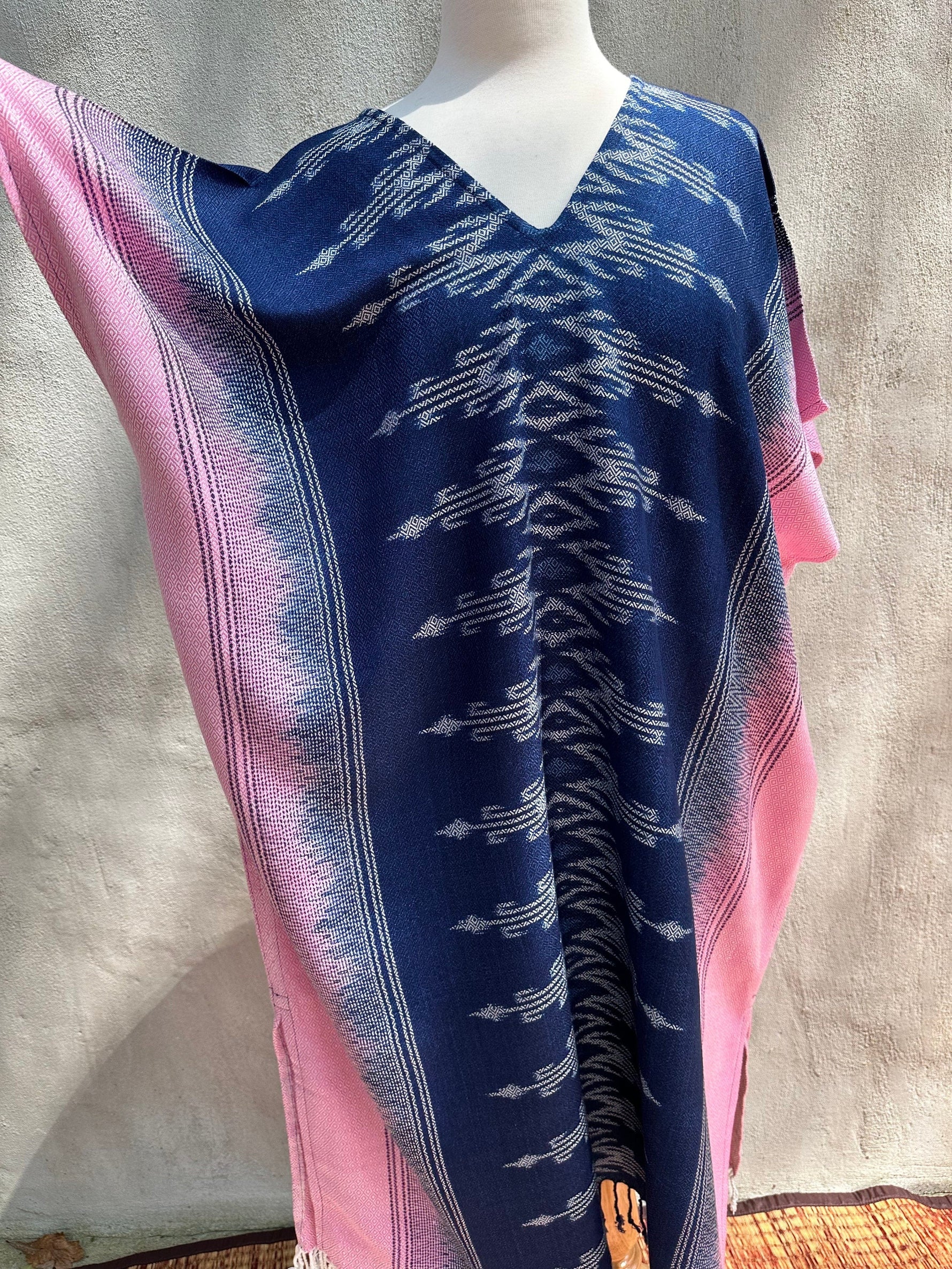 MALA handworks  Ikat Hand Woven Pattern Kaftan in Indigo Blue with Pink and White