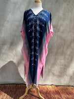 MALA handworks  Ikat Hand Woven Pattern Kaftan in Indigo Blue with Pink and White