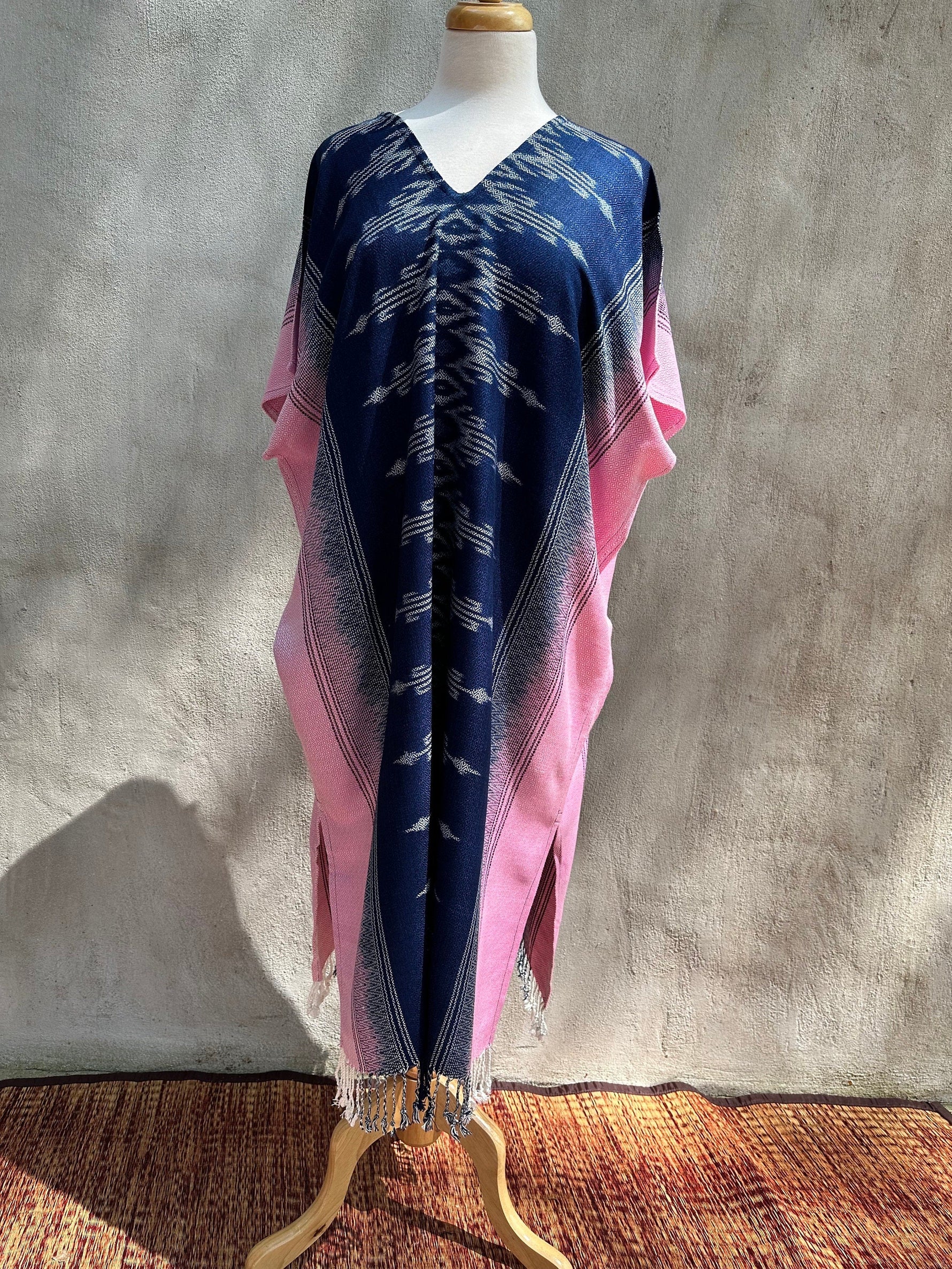 MALA handworks  Ikat Hand Woven Pattern Kaftan in Indigo Blue with Pink and White