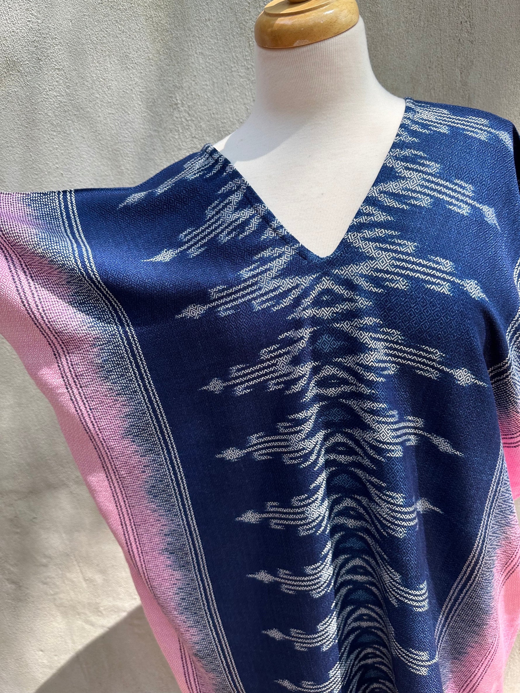MALA handworks  Ikat Hand Woven Pattern Kaftan in Indigo Blue with Pink and White