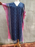 MALA handworks  Ikat Hand Woven Pattern Kaftan in Indigo Blue with Pink and White