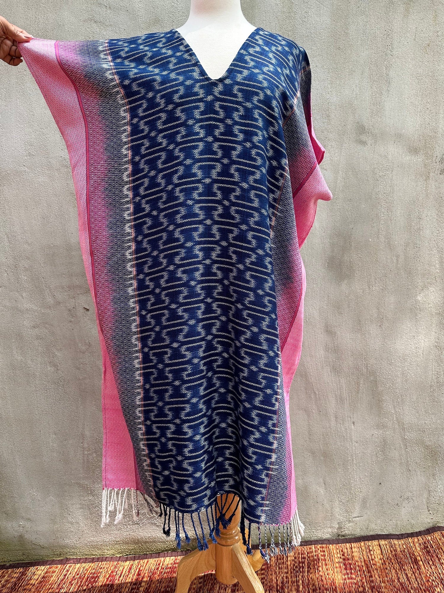 MALA handworks  Ikat Hand Woven Pattern Kaftan in Indigo Blue with Pink and White