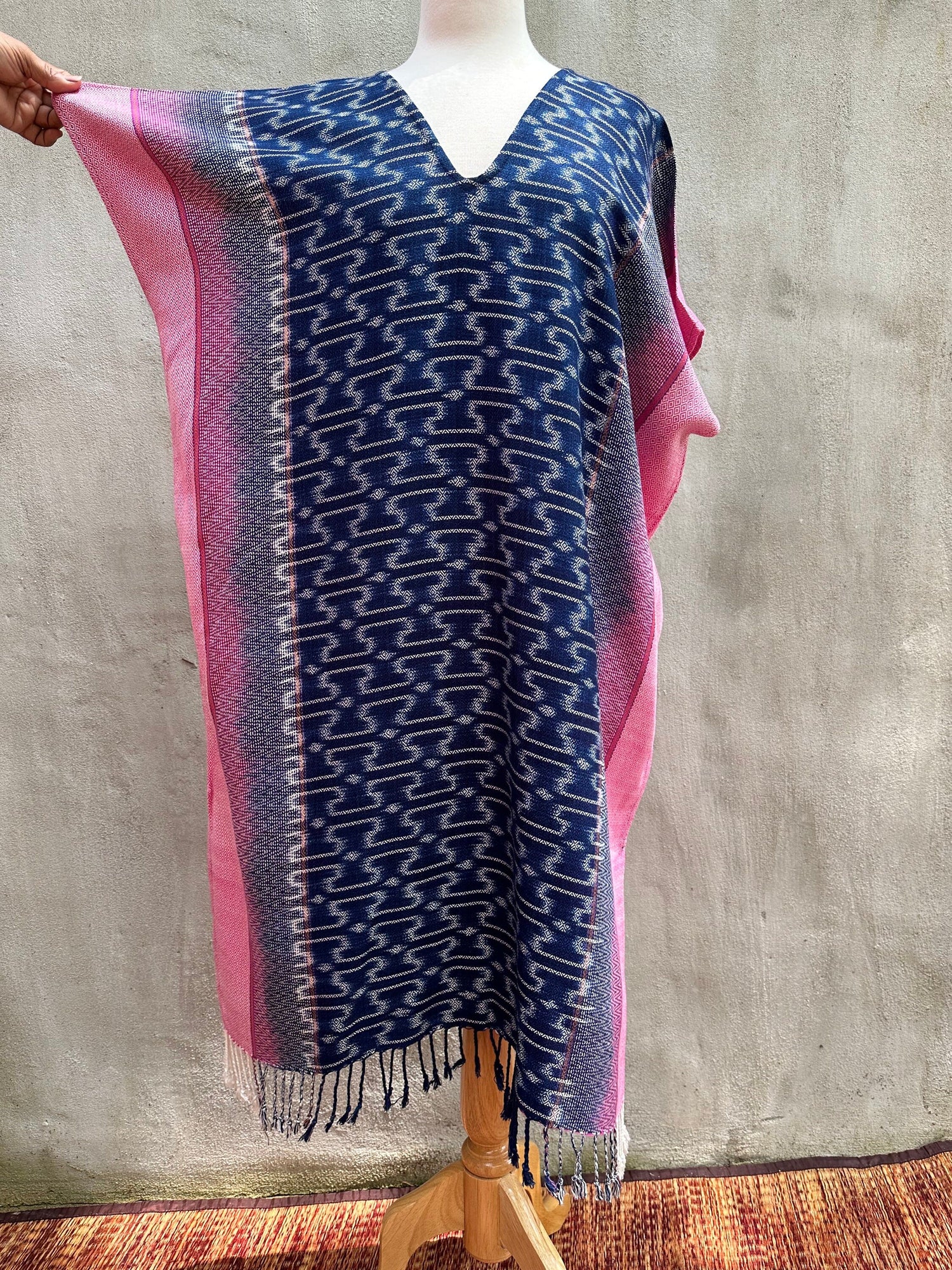 MALA handworks  Ikat Hand Woven Pattern Kaftan in Indigo Blue with Pink and White