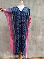 MALA handworks  Ikat Hand Woven Pattern Kaftan in Indigo Blue with Pink and White