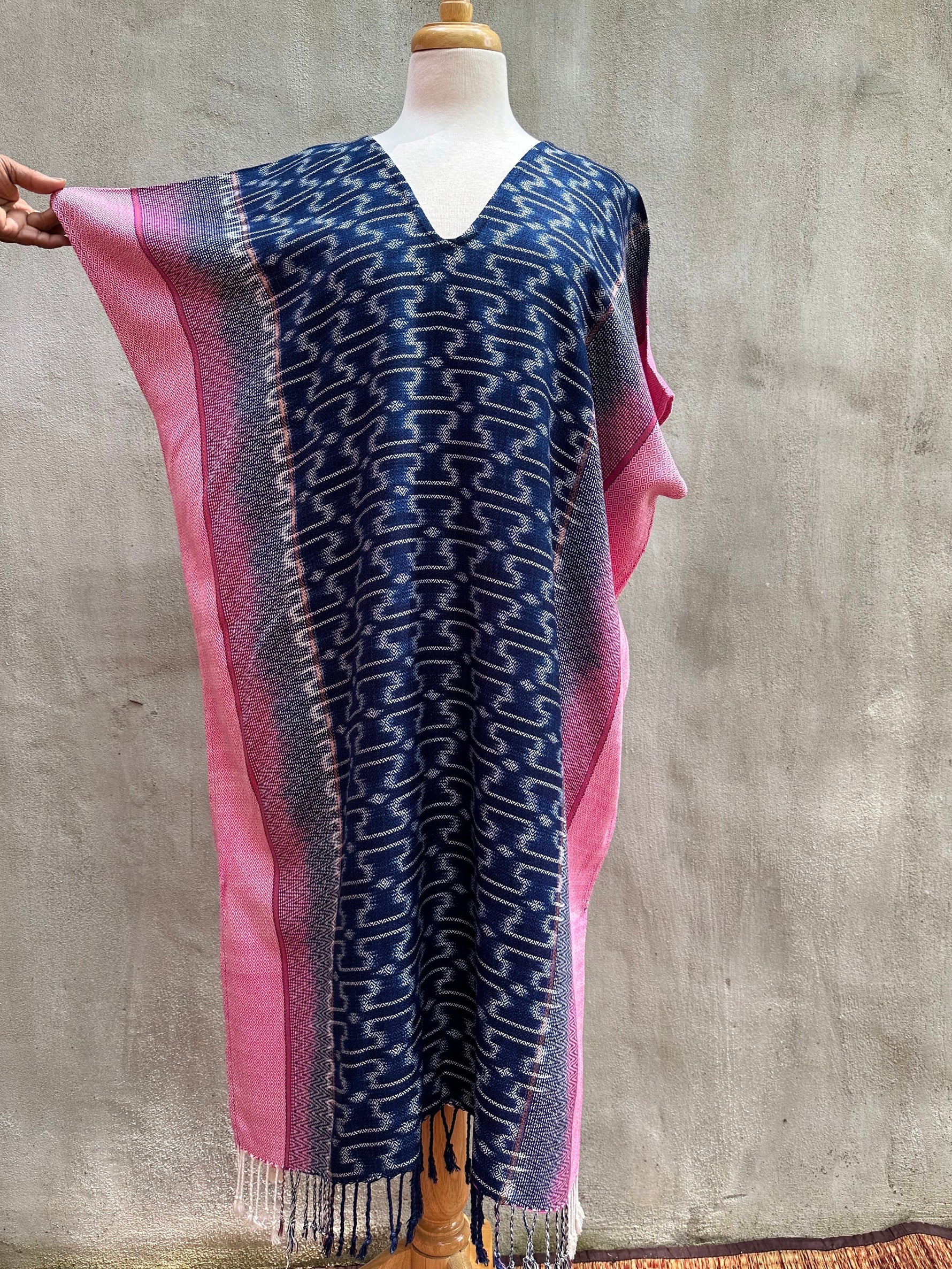 MALA handworks  Ikat Hand Woven Pattern Kaftan in Indigo Blue with Pink and White
