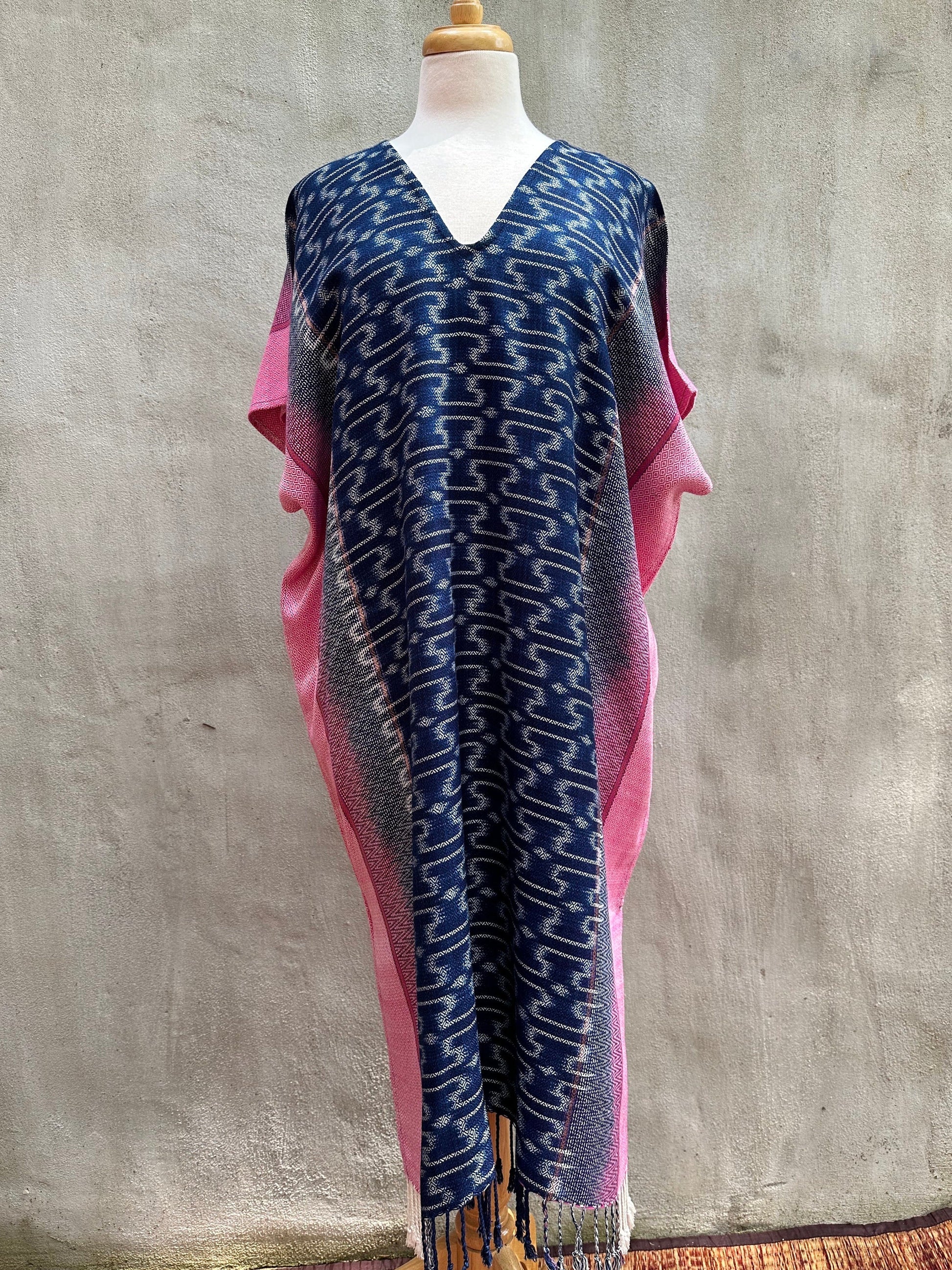 MALA handworks  Ikat Hand Woven Pattern Kaftan in Indigo Blue with Pink and White