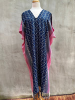 MALA handworks  Ikat Hand Woven Pattern Kaftan in Indigo Blue with Pink and White
