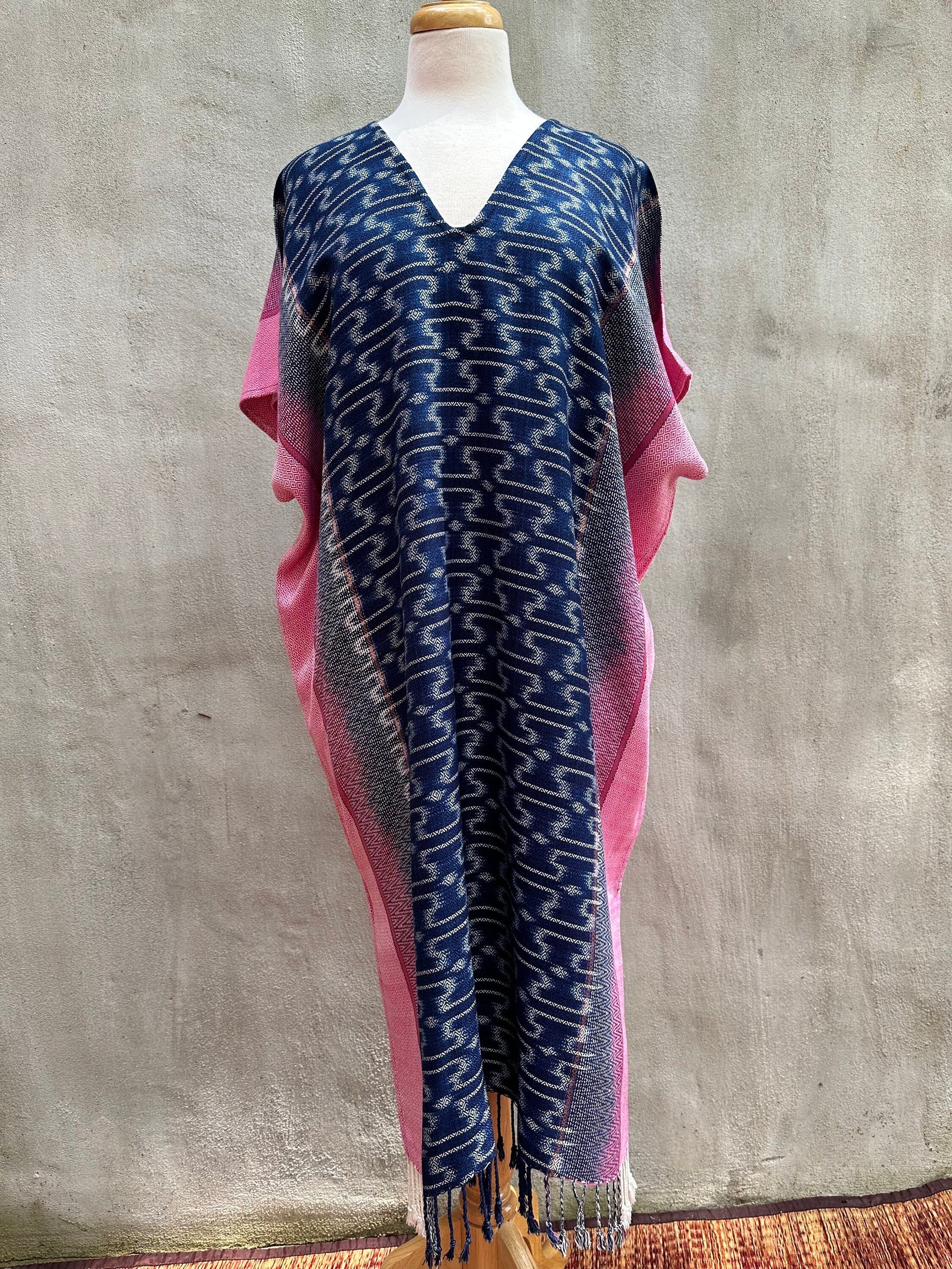 MALA handworks  Ikat Hand Woven Pattern Kaftan in Indigo Blue with Pink and White