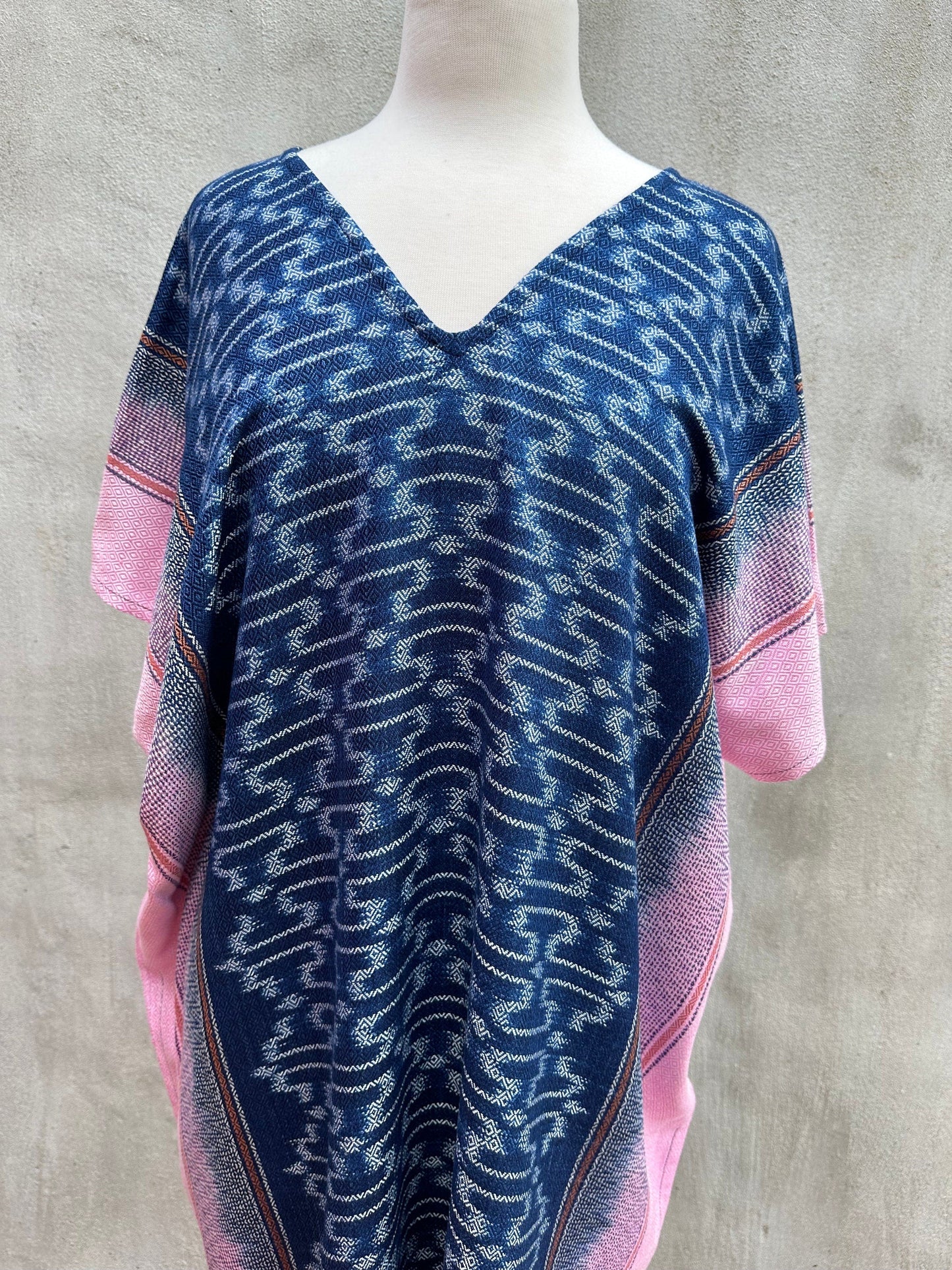 MALA handworks  Ikat Hand Woven Pattern Kaftan in Indigo Blue with Pink and White