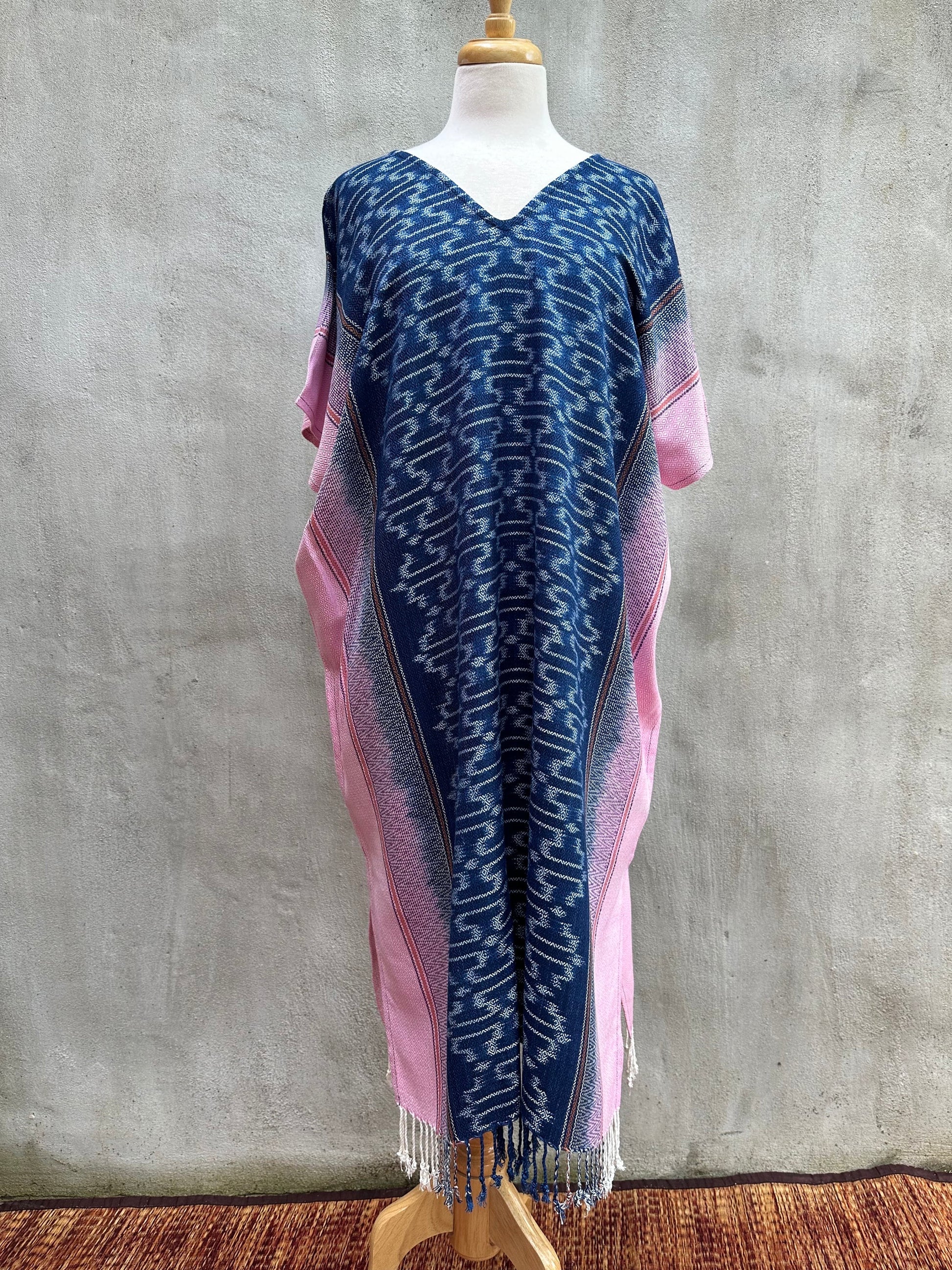 MALA handworks  Ikat Hand Woven Pattern Kaftan in Indigo Blue with Pink and White