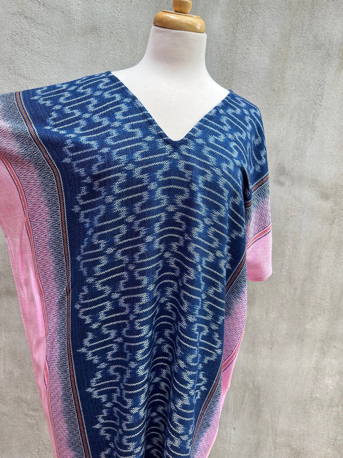 MALA handworks  Ikat Hand Woven Pattern Kaftan in Indigo Blue with Pink and White