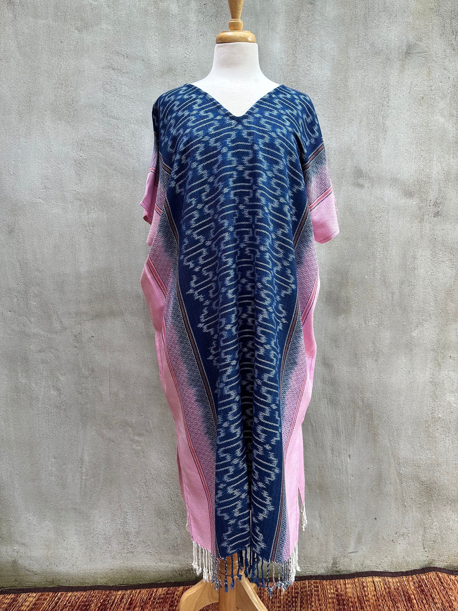 MALA handworks  Ikat Hand Woven Pattern Kaftan in Indigo Blue with Pink and White