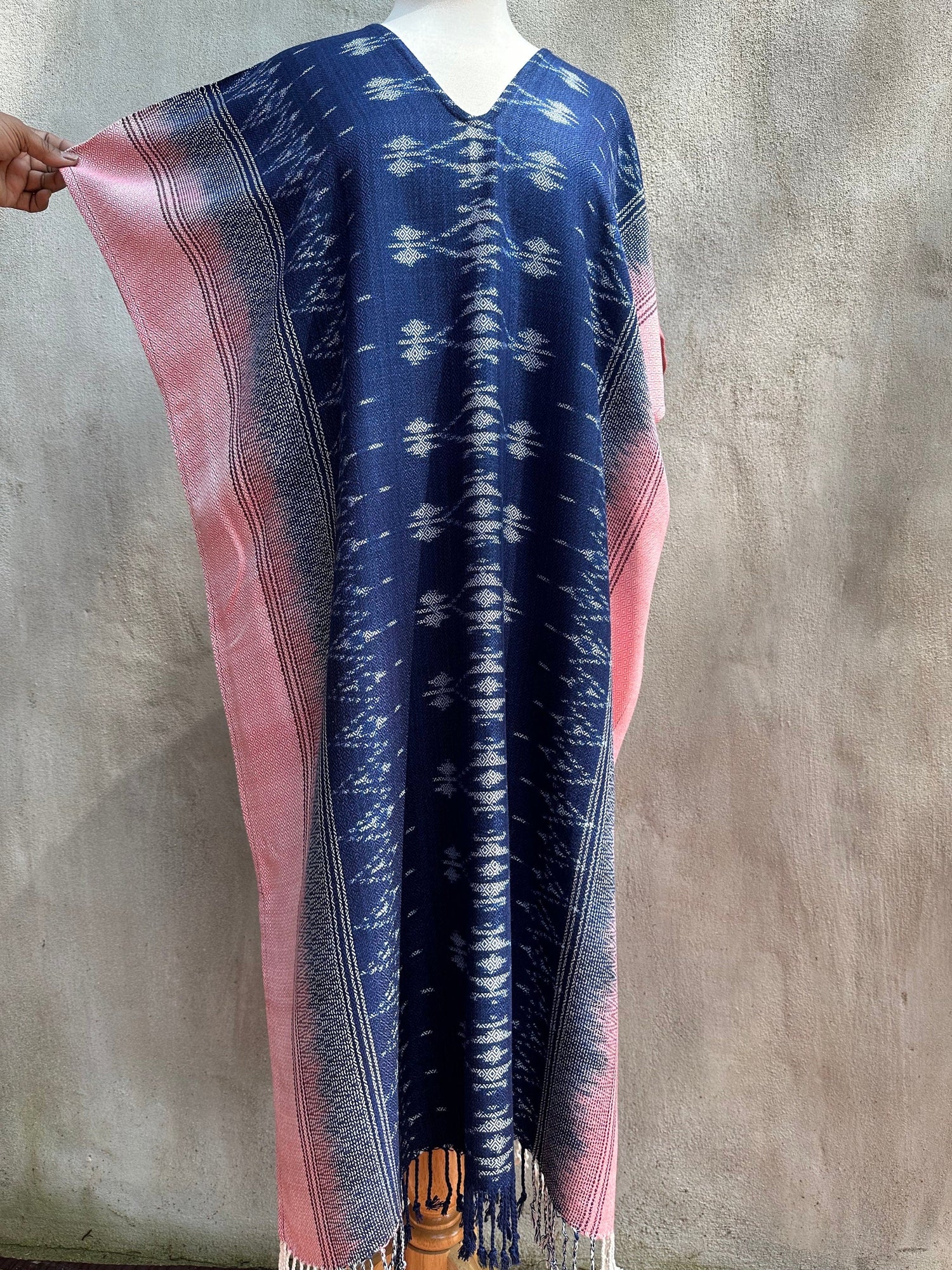 MALA handworks  Ikat Hand Woven Pattern Kaftan in Indigo Blue with Pink and White