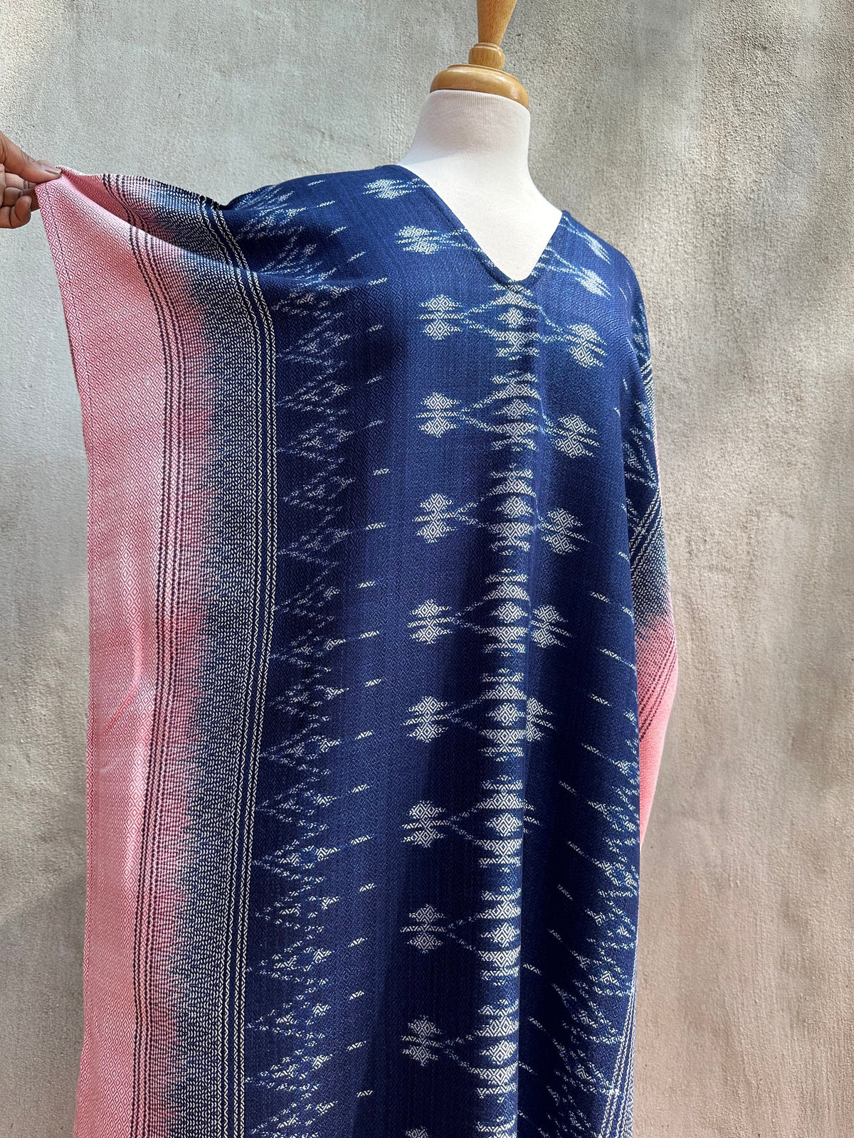 MALA handworks  Ikat Hand Woven Pattern Kaftan in Indigo Blue with Pink and White