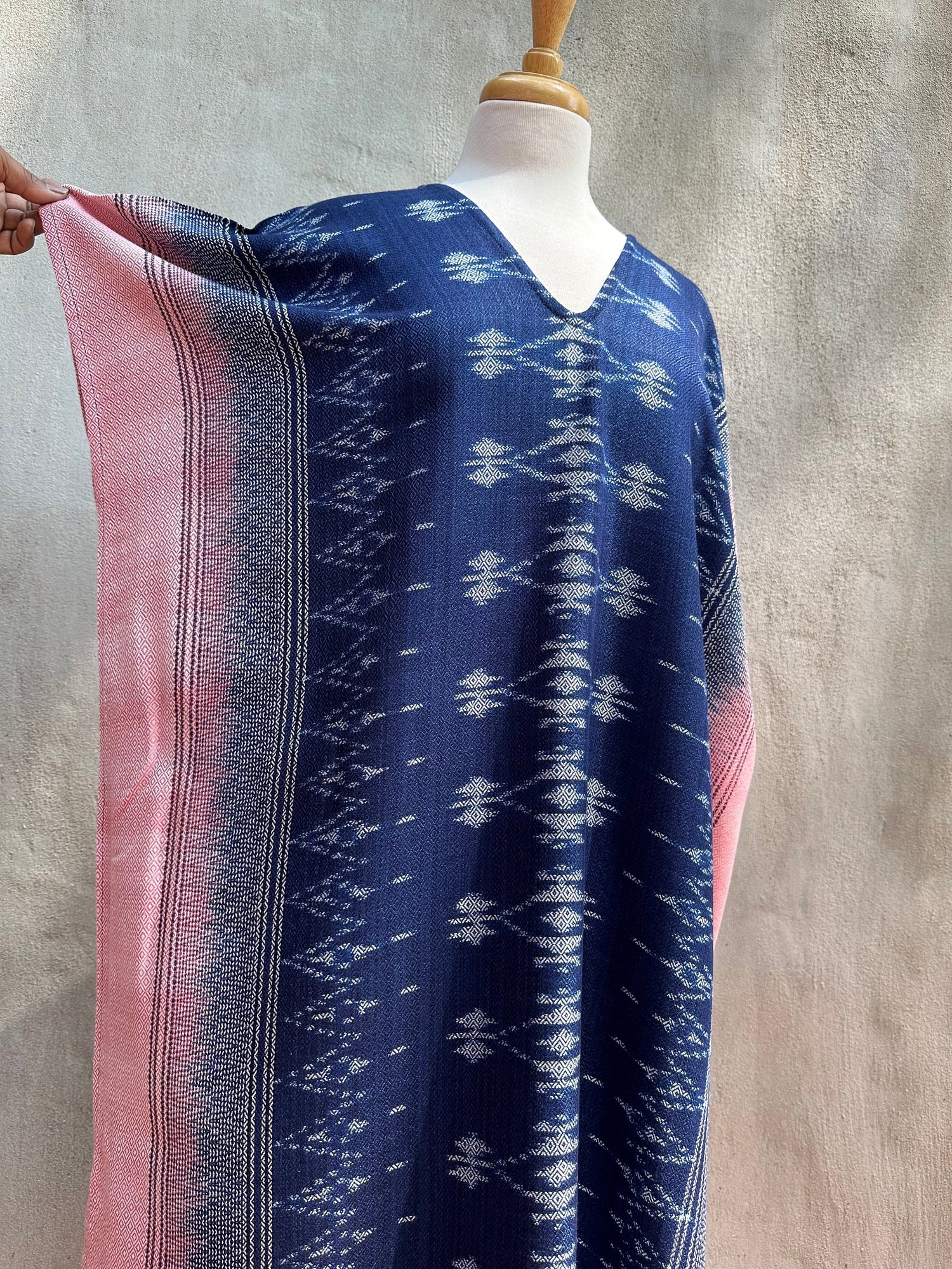 MALA handworks  Ikat Hand Woven Pattern Kaftan in Indigo Blue with Pink and White