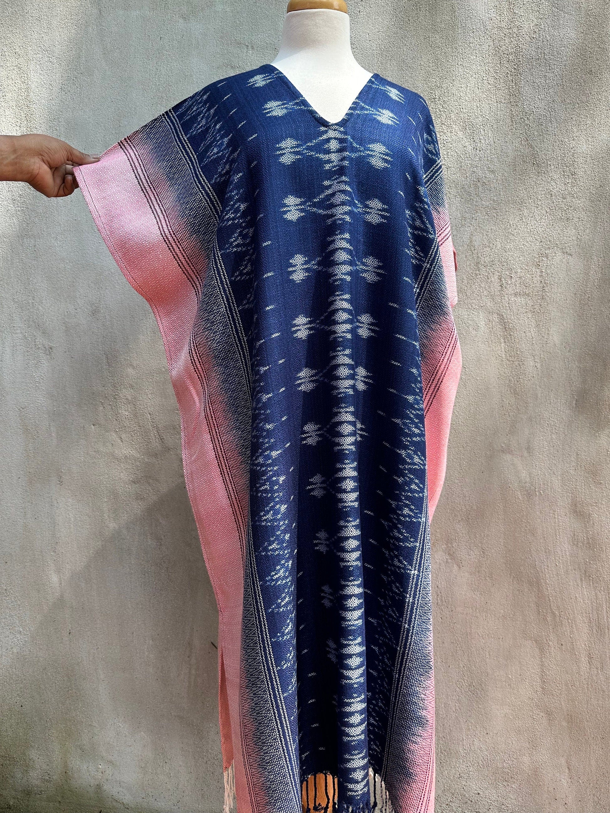 MALA handworks  Ikat Hand Woven Pattern Kaftan in Indigo Blue with Pink and White