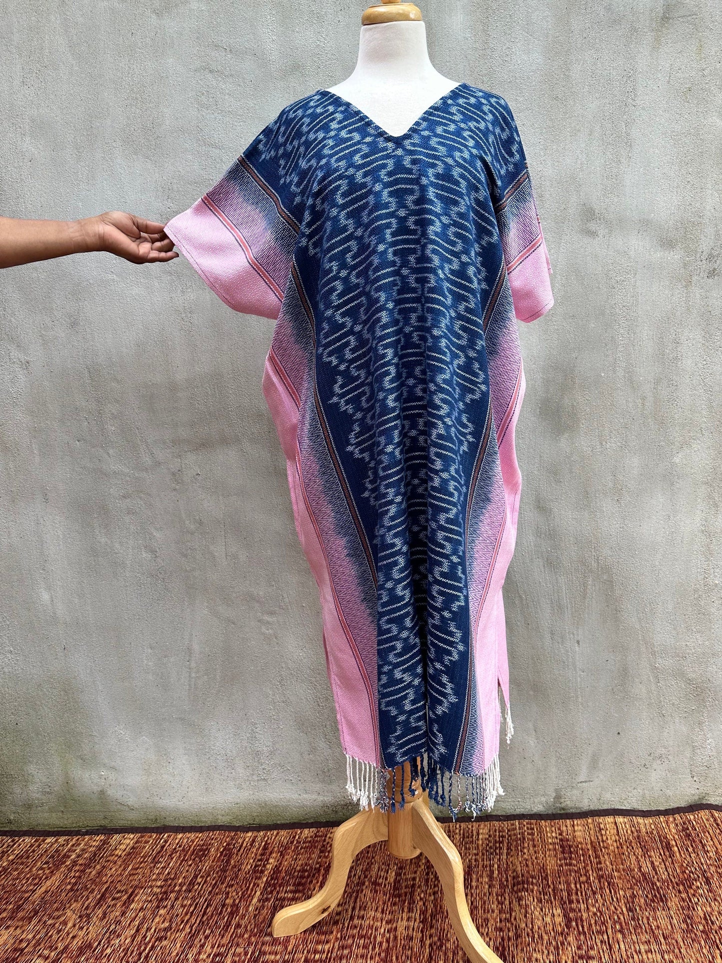 MALA handworks  Ikat Hand Woven Pattern Kaftan in Indigo Blue with Pink and White