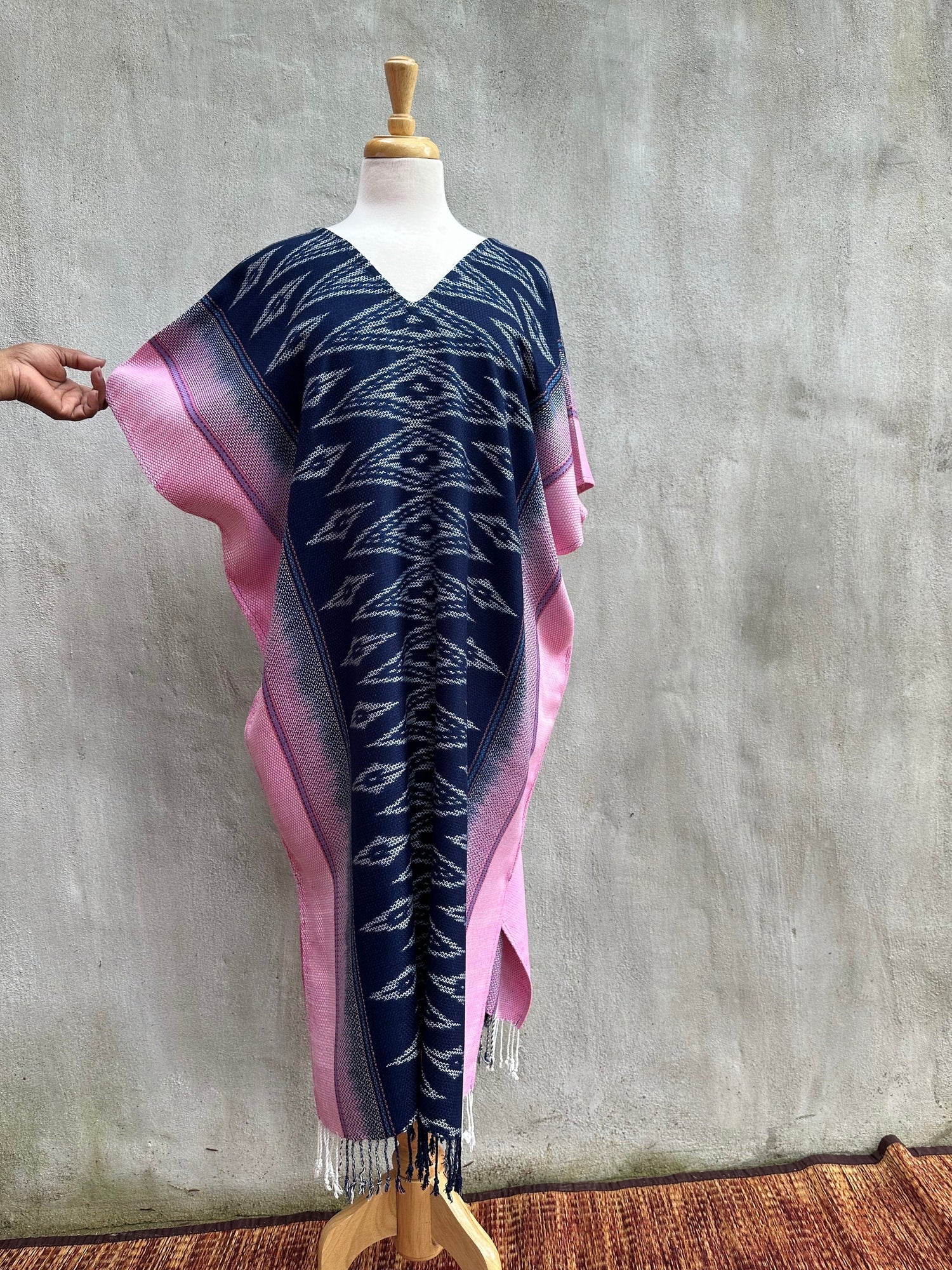 MALA handworks  Ikat Hand Woven Pattern Kaftan in Indigo Blue with Pink and White