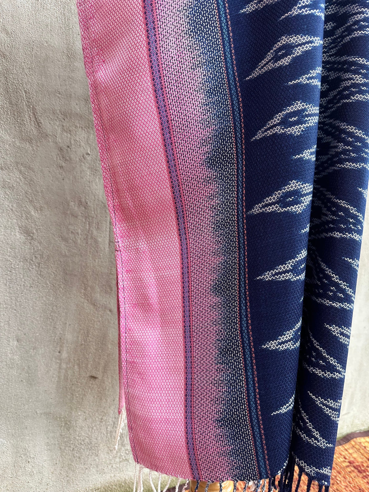 MALA handworks  Ikat Hand Woven Pattern Kaftan in Indigo Blue with Pink and White