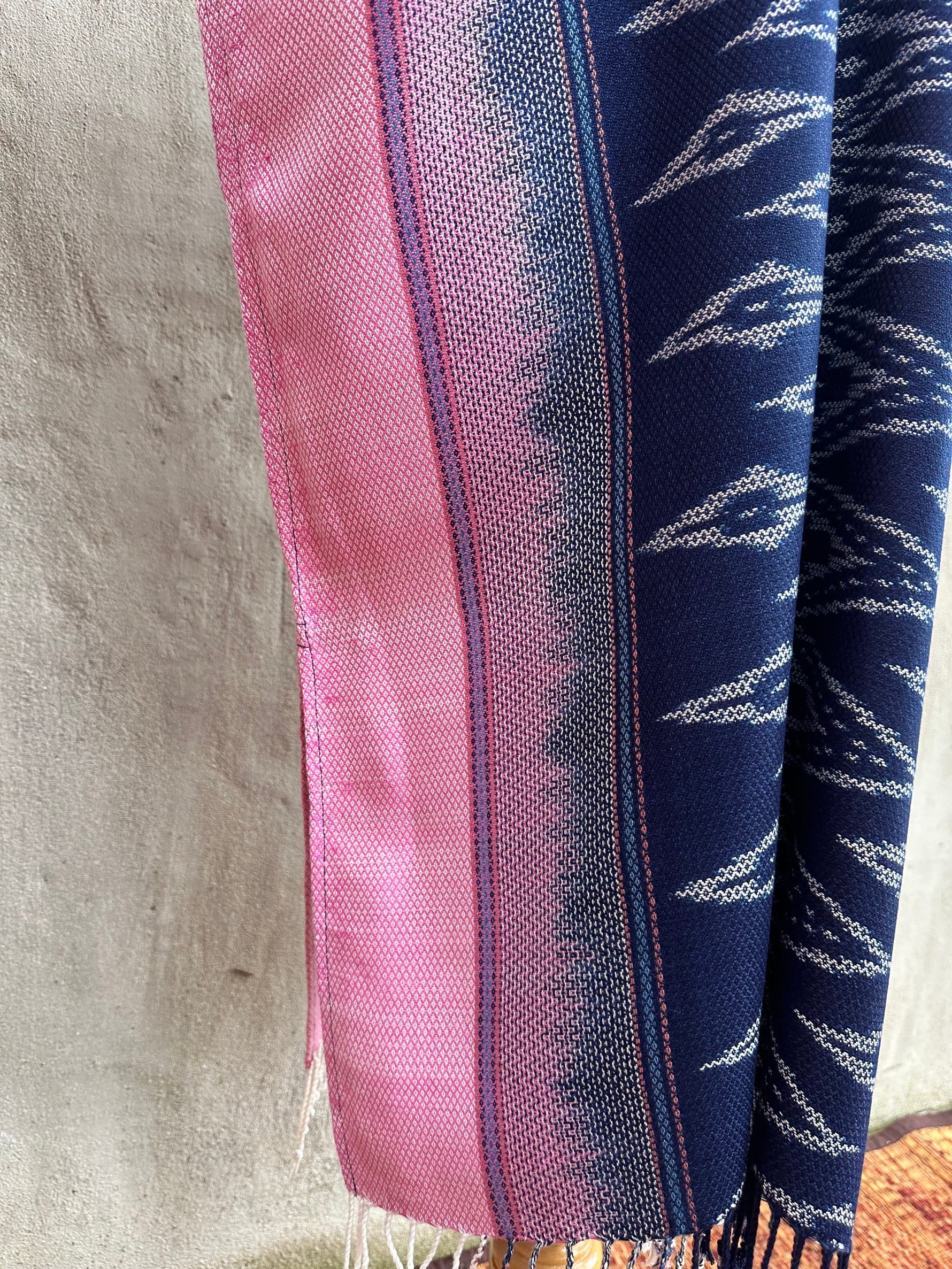 MALA handworks  Ikat Hand Woven Pattern Kaftan in Indigo Blue with Pink and White