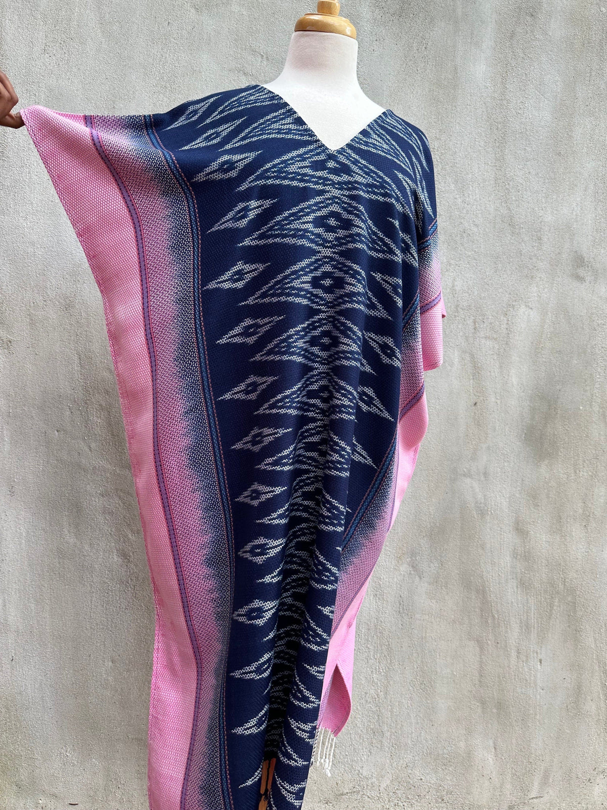 MALA handworks  Ikat Hand Woven Pattern Kaftan in Indigo Blue with Pink and White