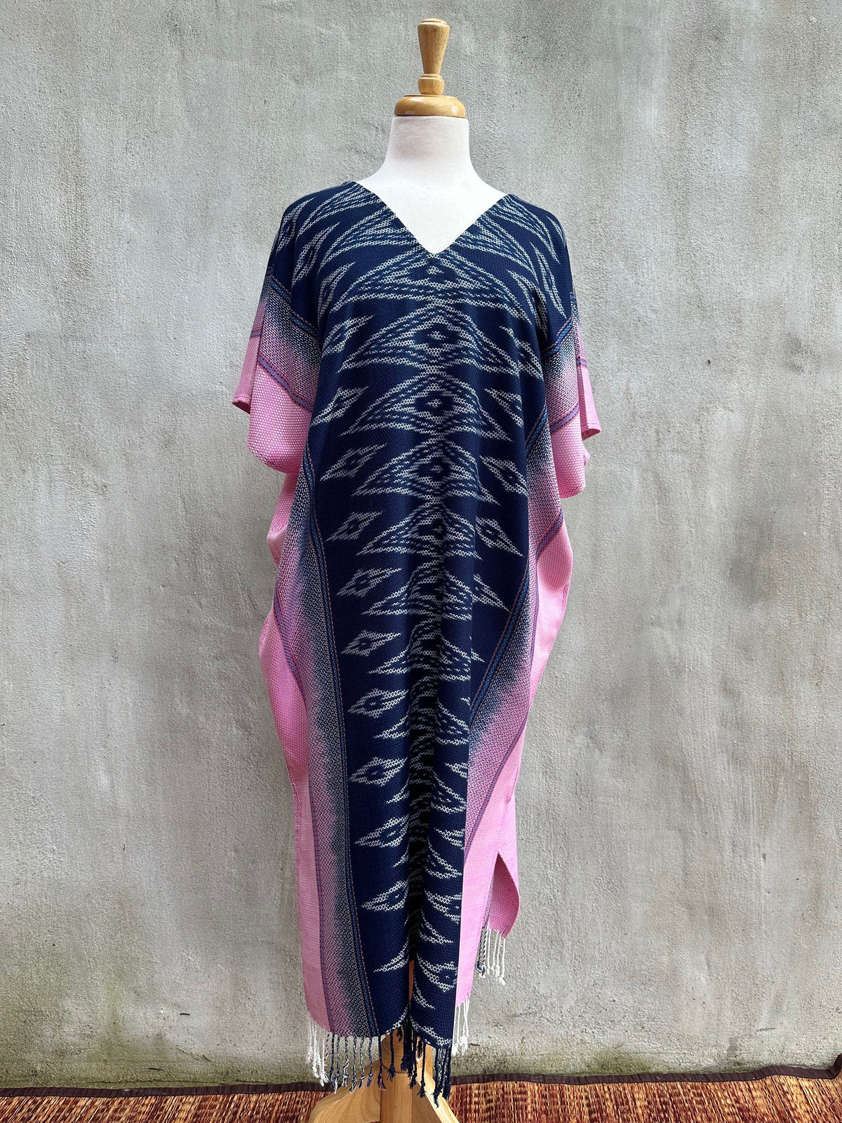 MALA handworks  Ikat Hand Woven Pattern Kaftan in Indigo Blue with Pink and White