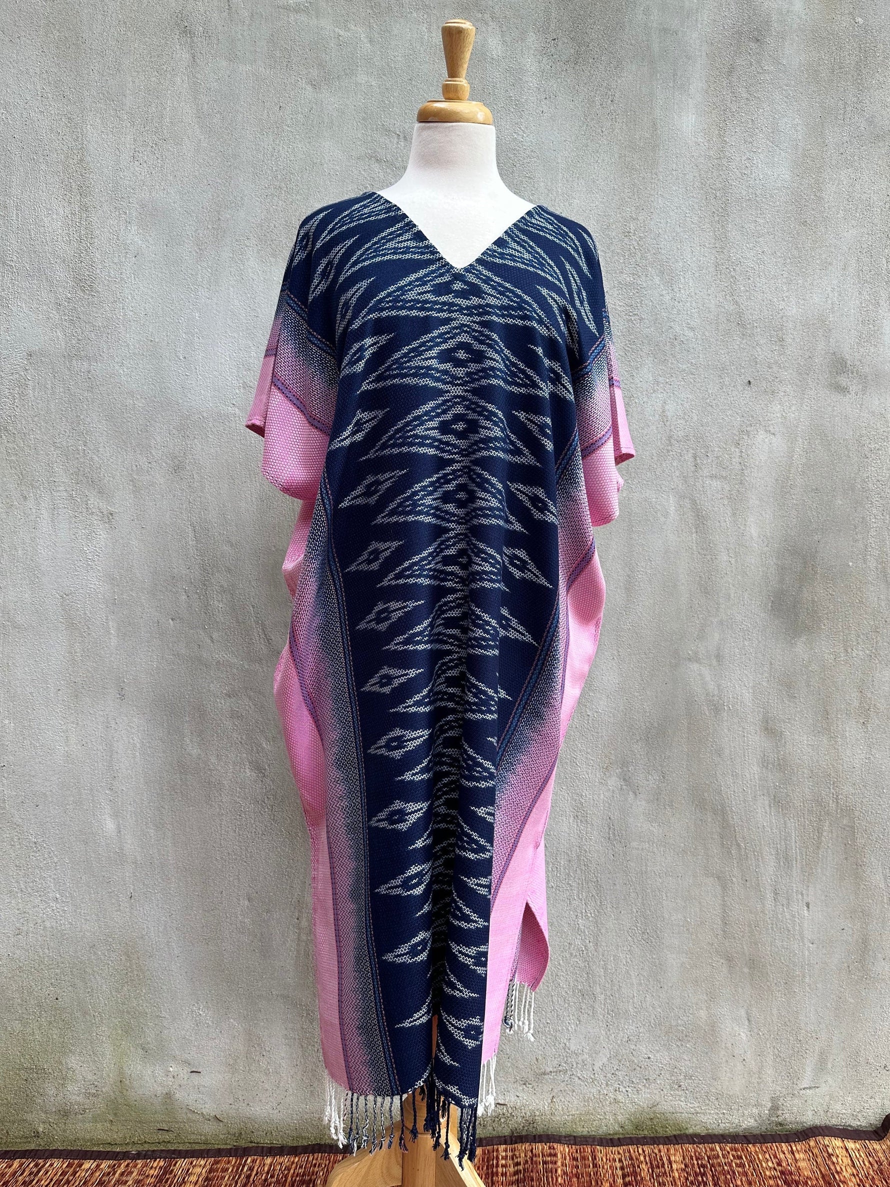 MALA handworks  Ikat Hand Woven Pattern Kaftan in Indigo Blue with Pink and White