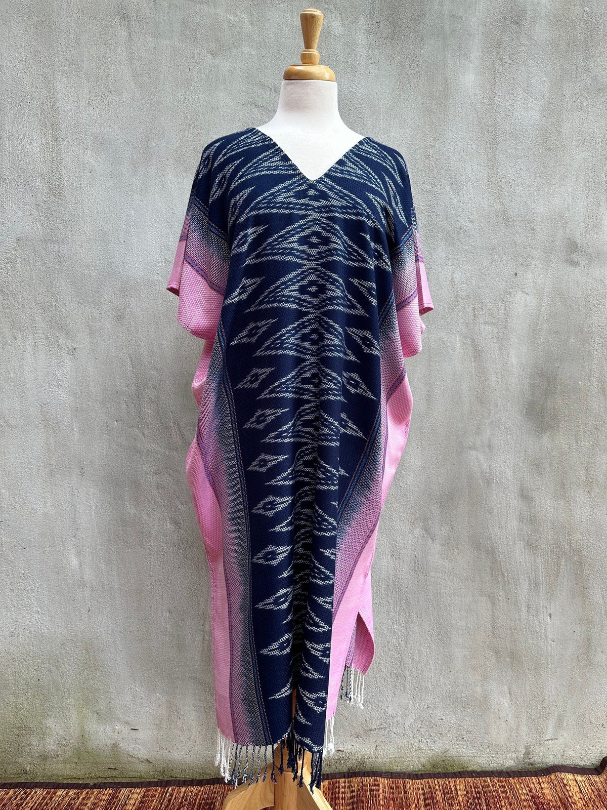 MALA handworks  Ikat Hand Woven Pattern Kaftan in Indigo Blue with Pink and White