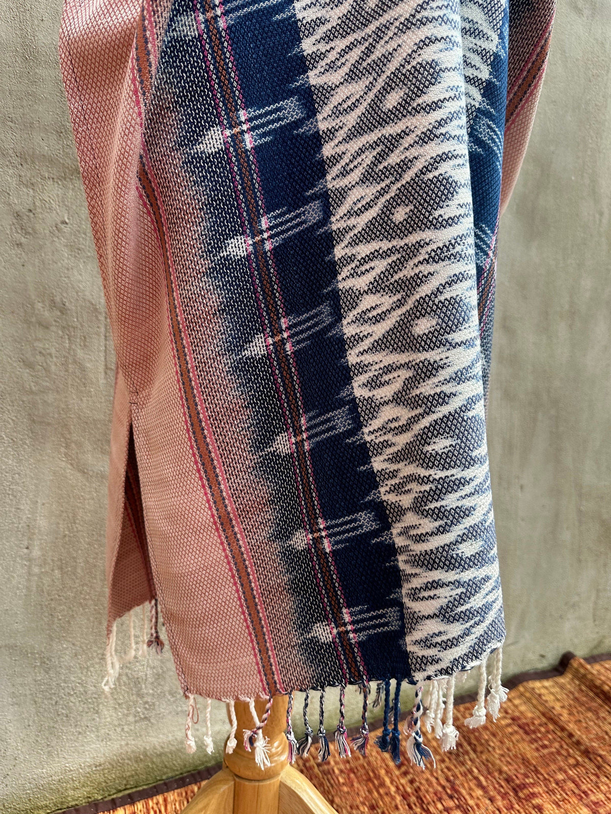 MALA handworks  Ikat Hand Woven Pattern Kaftan in Indigo Blue with Pink and White