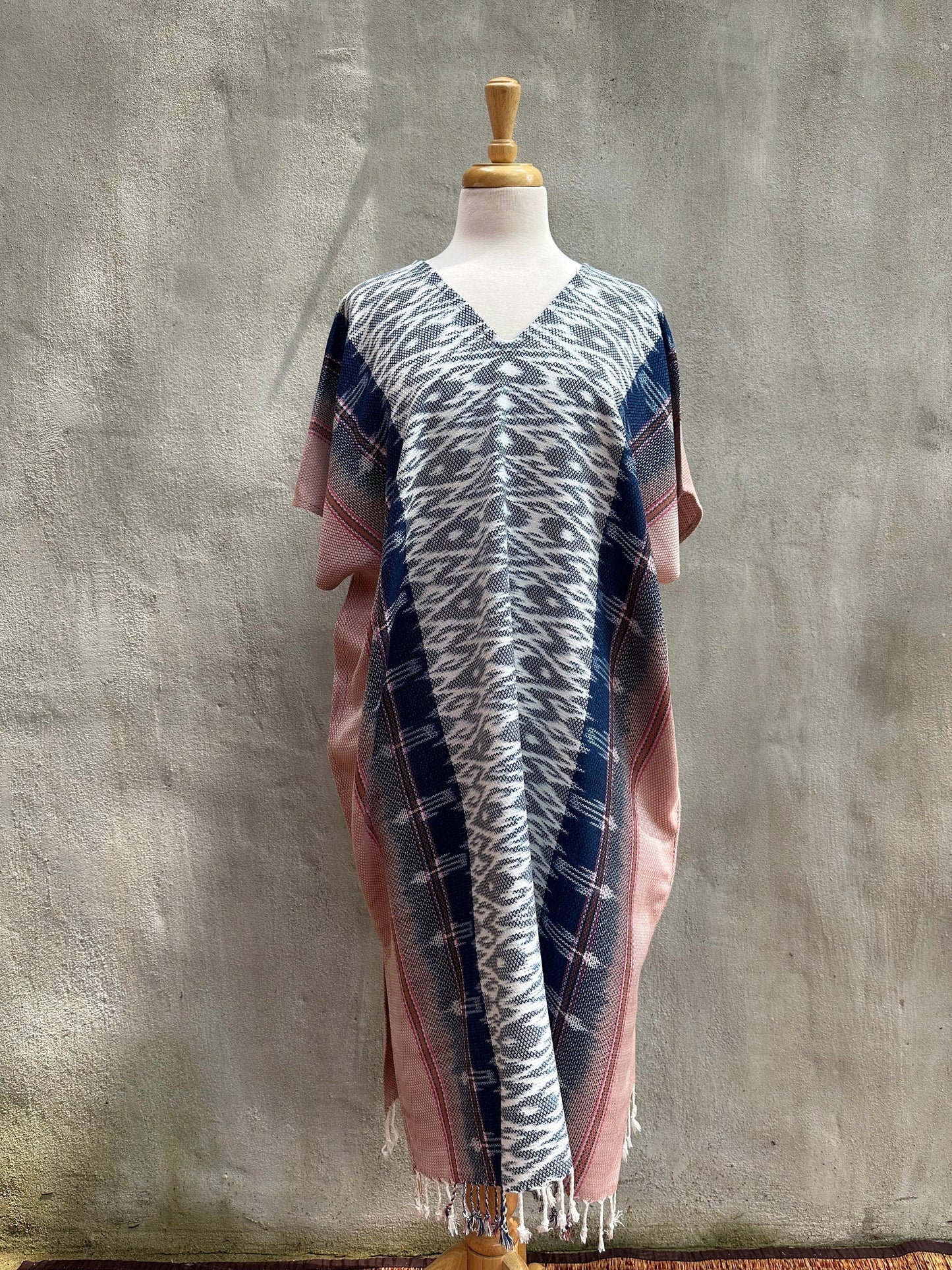 MALA handworks  Ikat Hand Woven Pattern Kaftan in Indigo Blue with Pink and White