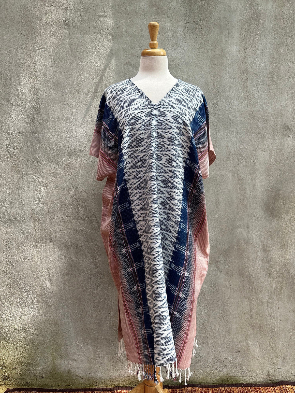 MALA handworks  Ikat Hand Woven Pattern Kaftan in Indigo Blue with Pink and White