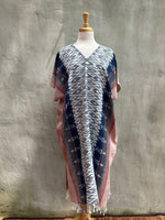 MALA handworks  Ikat Hand Woven Pattern Kaftan in Indigo Blue with Pink and White
