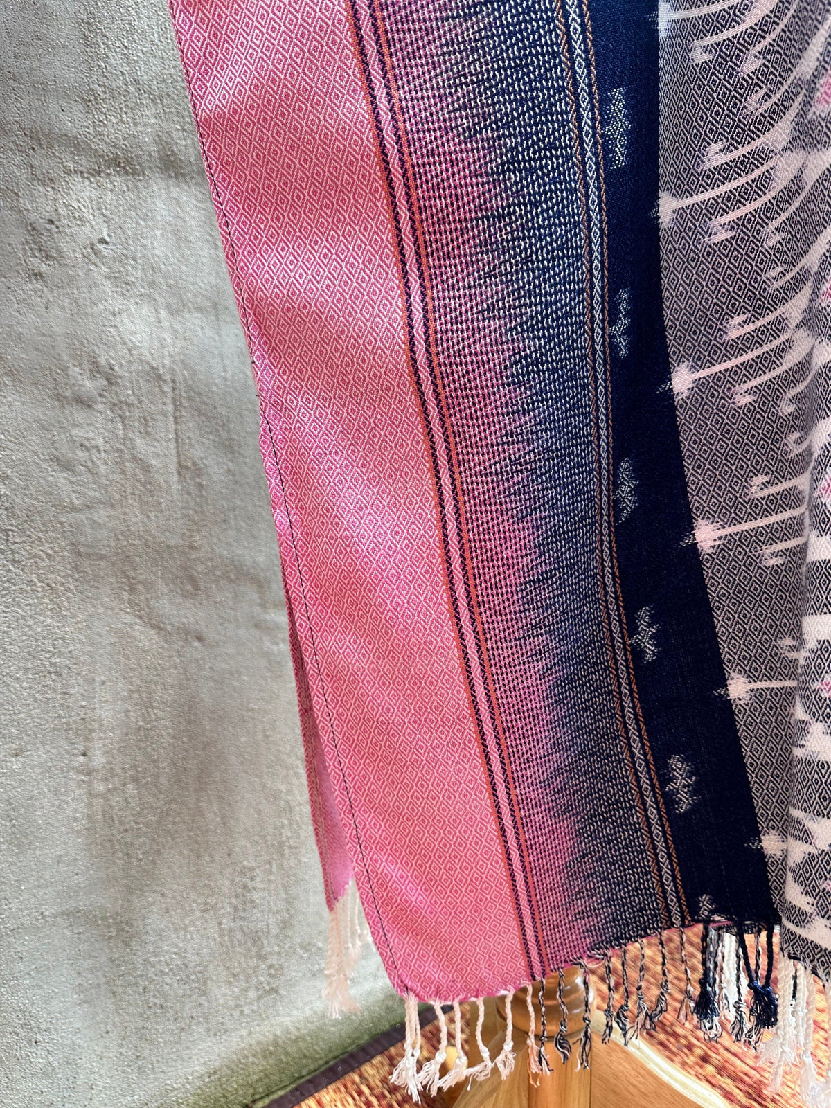 MALA handworks  Ikat Hand Woven Pattern Kaftan in Indigo Blue with Pink and White