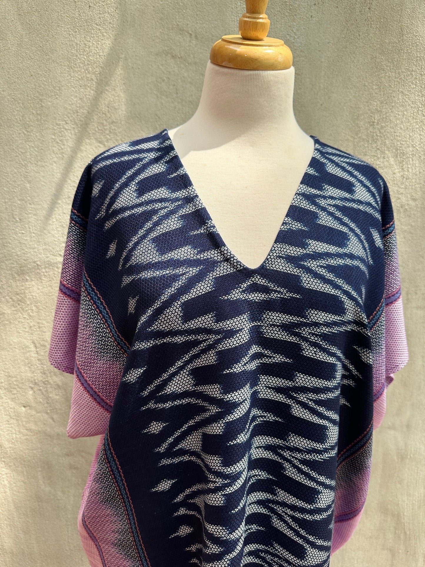 MALA handworks  Ikat Hand Woven Pattern Kaftan in Indigo Blue with Pink and White