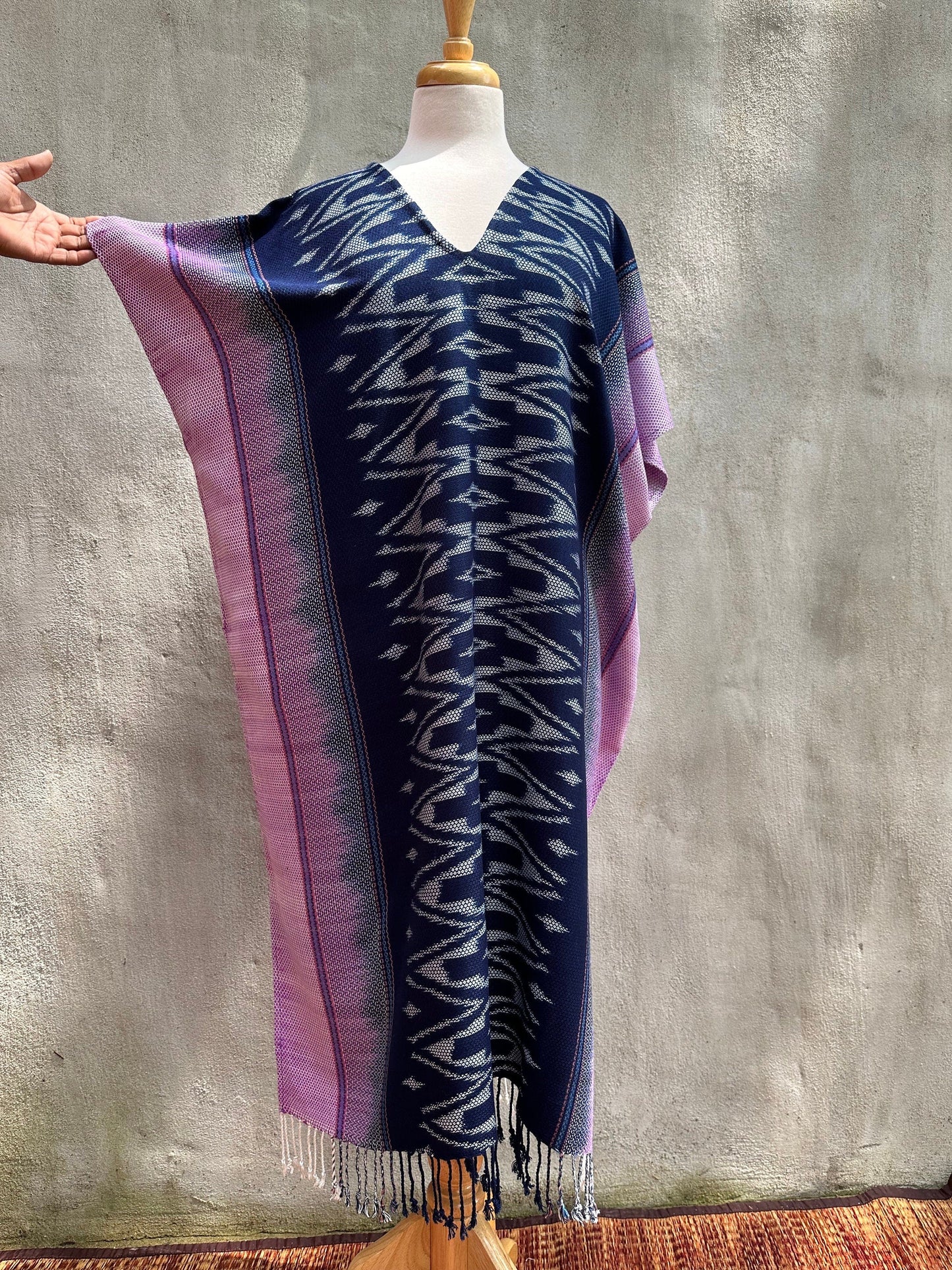 MALA handworks  Ikat Hand Woven Pattern Kaftan in Indigo Blue with Pink and White