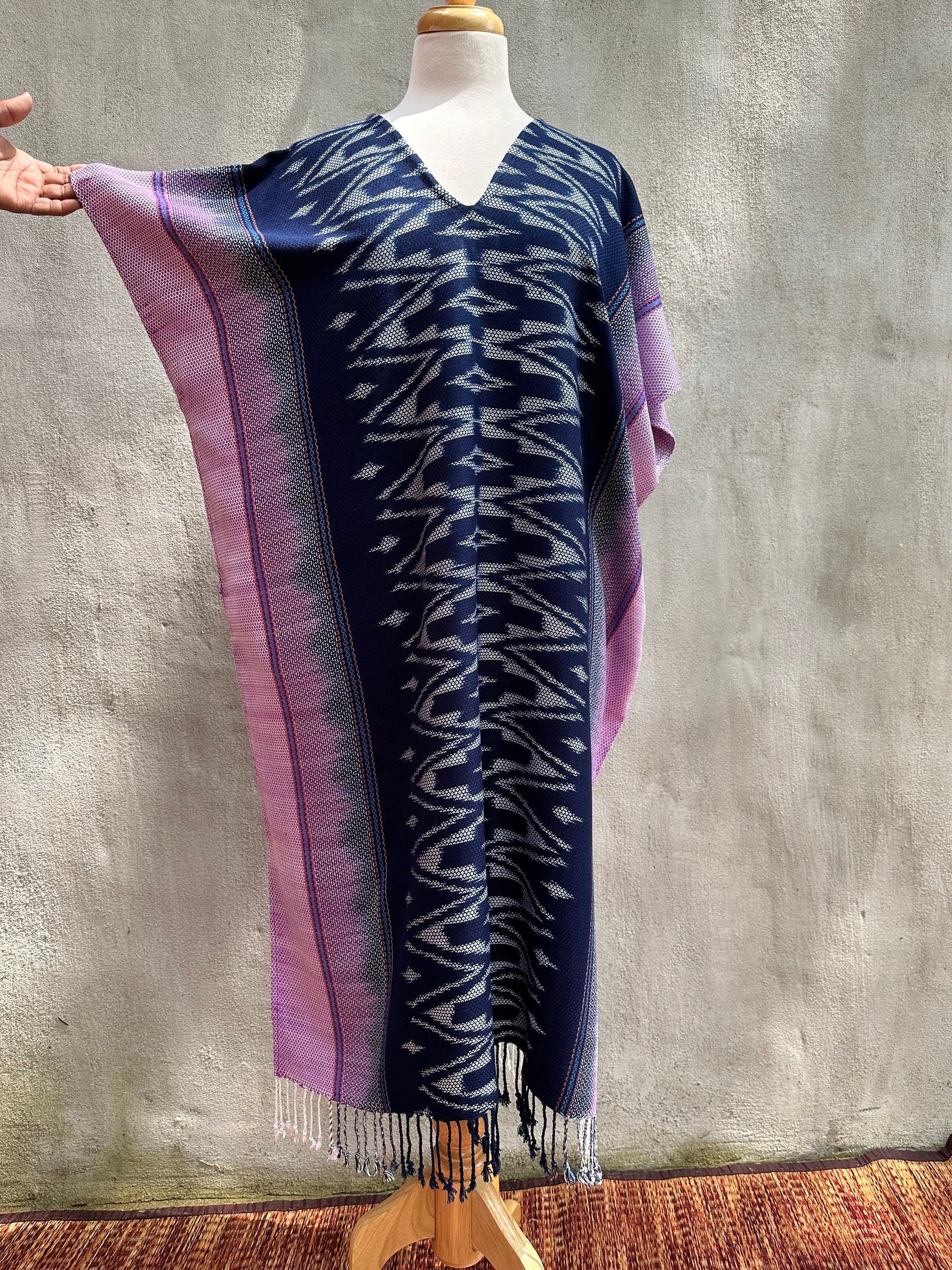 MALA handworks  Ikat Hand Woven Pattern Kaftan in Indigo Blue with Pink and White