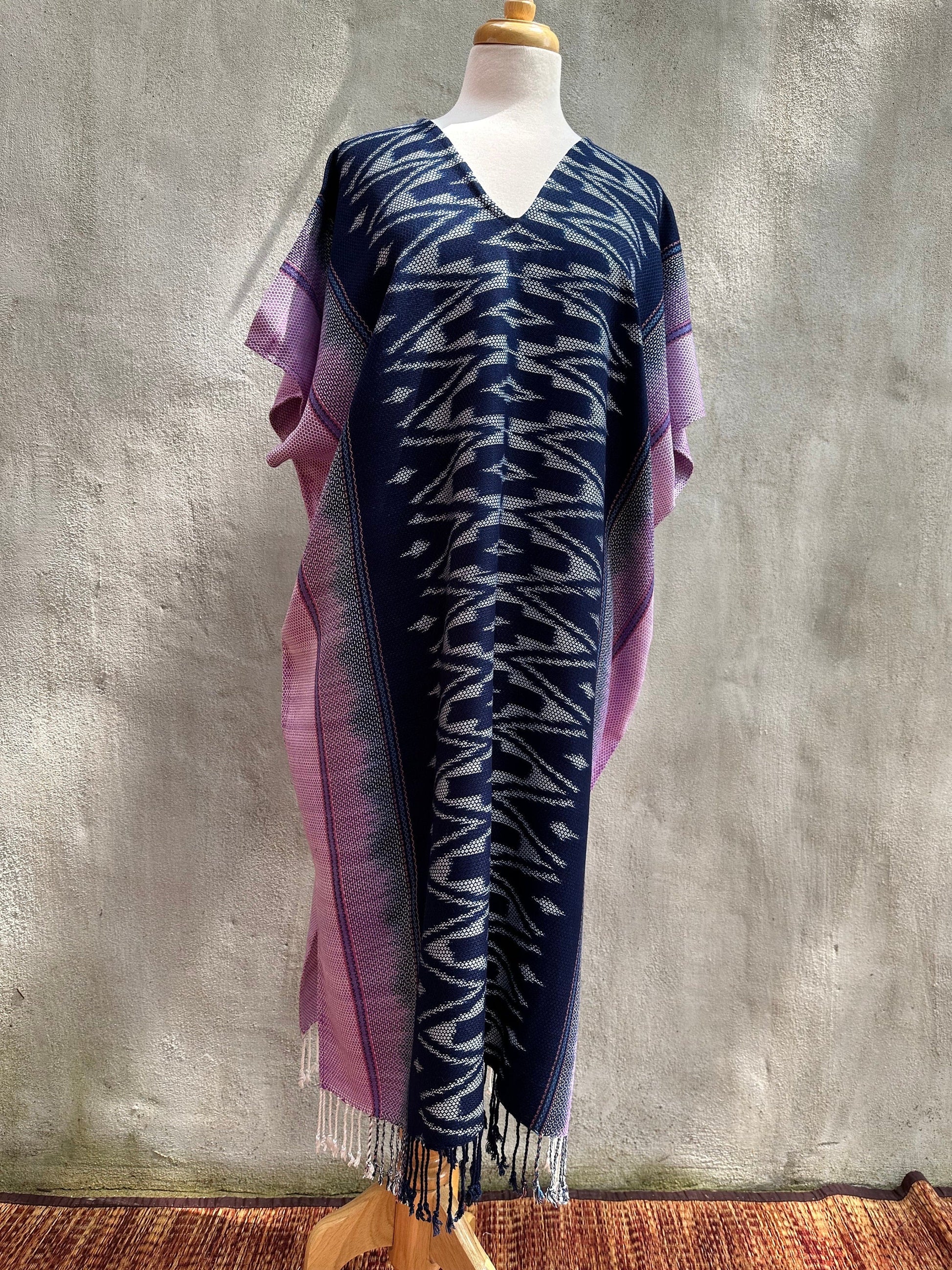 MALA handworks  Ikat Hand Woven Pattern Kaftan in Indigo Blue with Pink and White