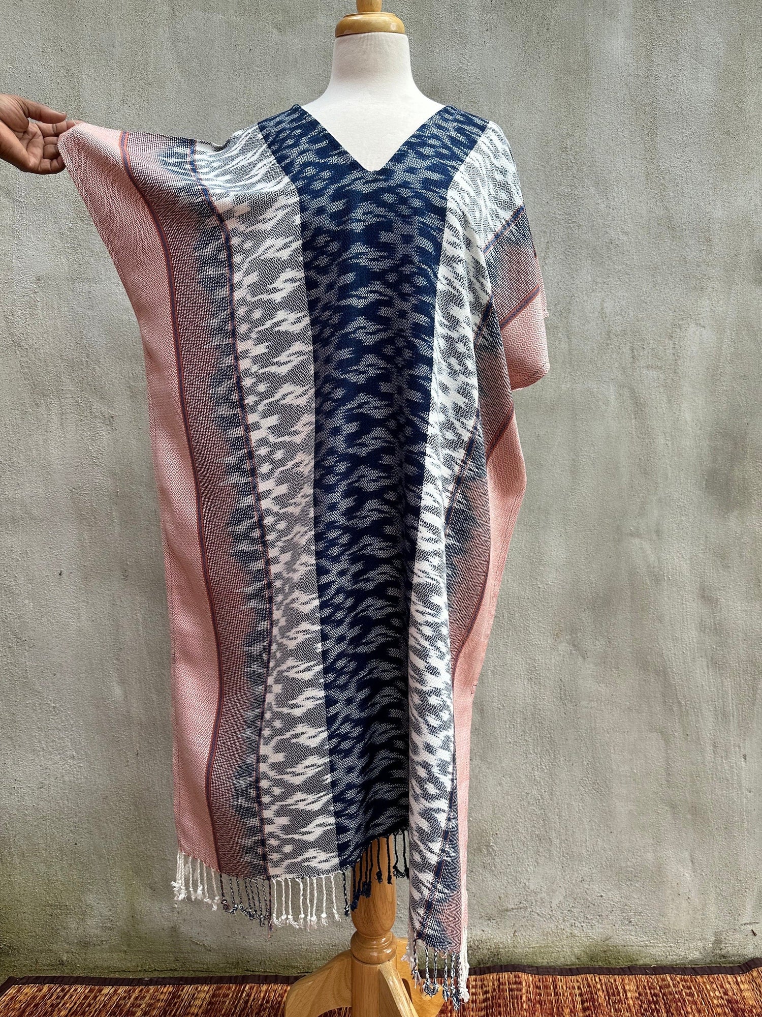 MALA handworks  Ikat Hand Woven Pattern Kaftan in Indigo Blue with Pink and White