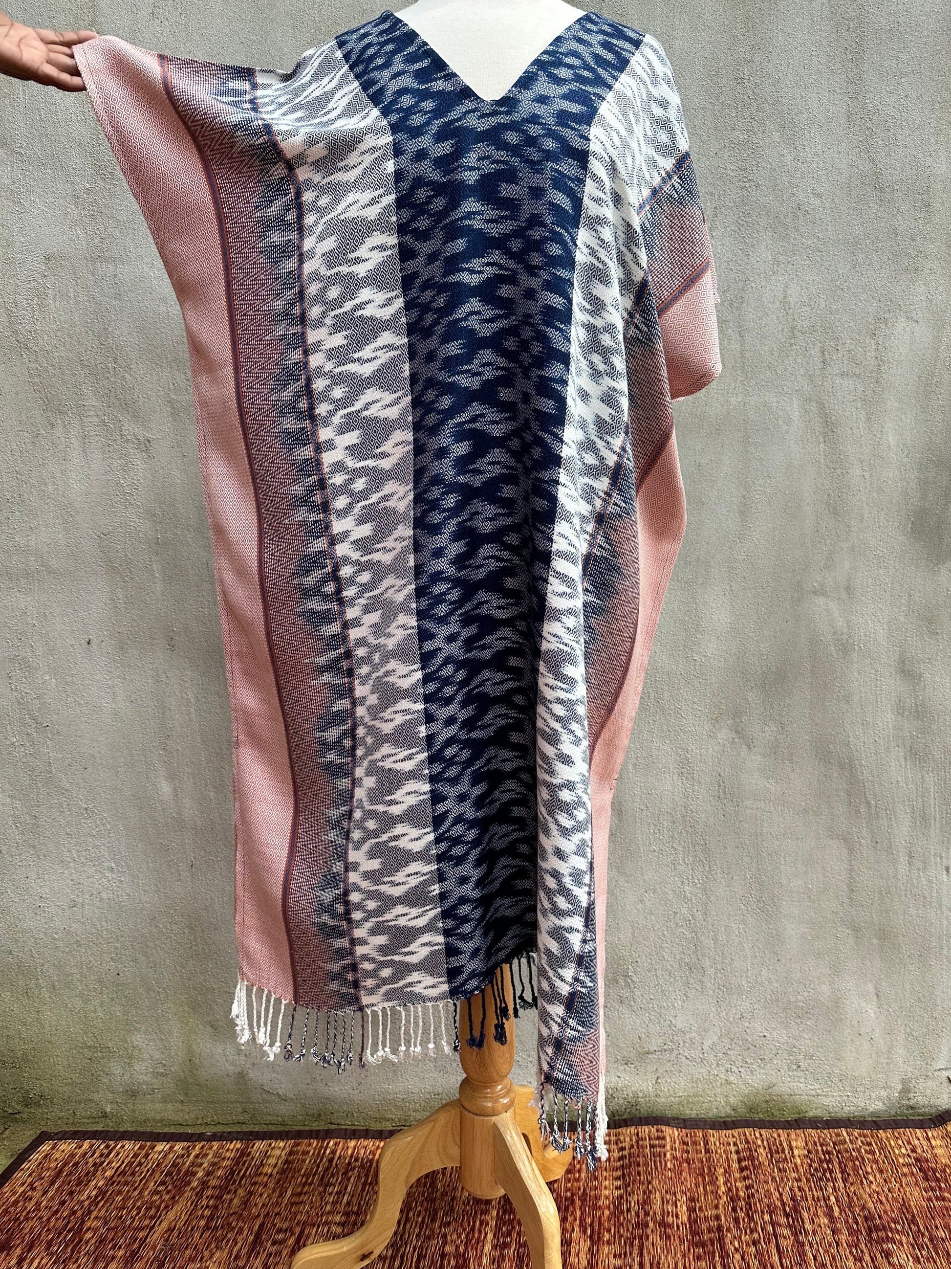 MALA handworks  Ikat Hand Woven Pattern Kaftan in Indigo Blue with Pink and White