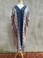 MALA handworks  Ikat Hand Woven Pattern Kaftan in Indigo Blue with Pink and White