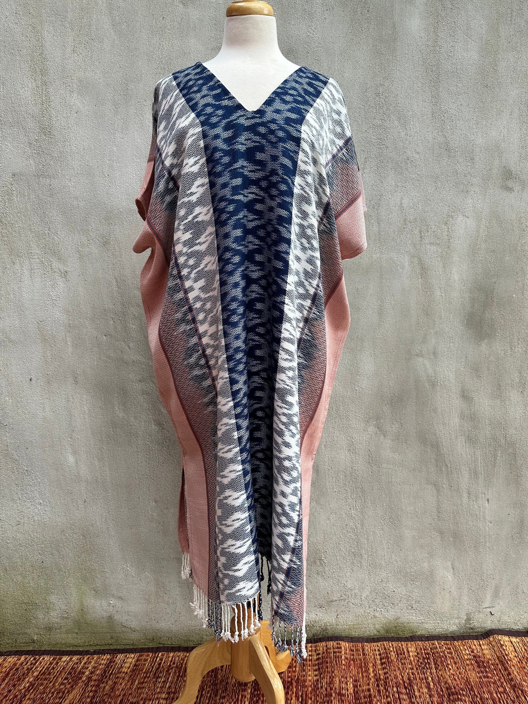 MALA handworks  Ikat Hand Woven Pattern Kaftan in Indigo Blue with Pink and White