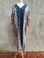 MALA handworks  Ikat Hand Woven Pattern Kaftan in Indigo Blue with Pink and White